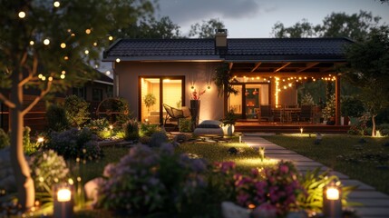 Serene summer evening on suburban patio with garden lights   realistic outdoor scene
