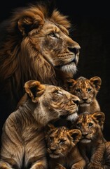 Fototapeta premium A majestic lion family, including the father and mother with their cubs, sitting together on an AI-generated African savannah&nbsp;at&nbsp;sunset