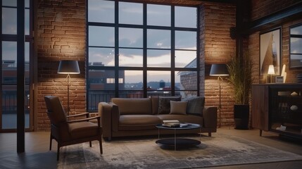 Cozy living room with brick walls, big window facing a city at night, and warm lighting from floor lamps and ceiling fixture on couch, coffee table, and armchair