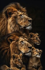 Fototapeta premium A majestic lion family, including the father and mother with their cubs, sitting together on an AI-generated African savannah&nbsp;at&nbsp;sunset