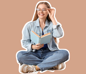 Fototapeta premium Young woman in eyeglasses reading book on beige background
