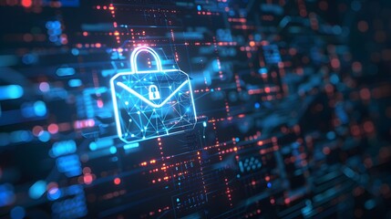 Cybersecurity and data protection concept. Glowing digital padlock icon on abstract technological background. Keywords. encryption, security, privacy, network, internet, safe, digital, online