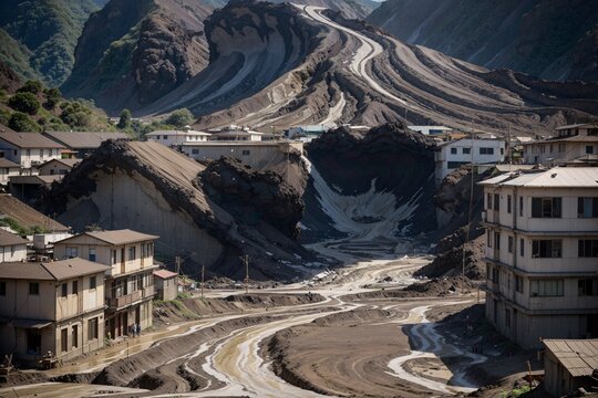 Lahar mudflow from volcanic eruption, liquid cement-like flow burying entire town, people desperately climbing to rooftops