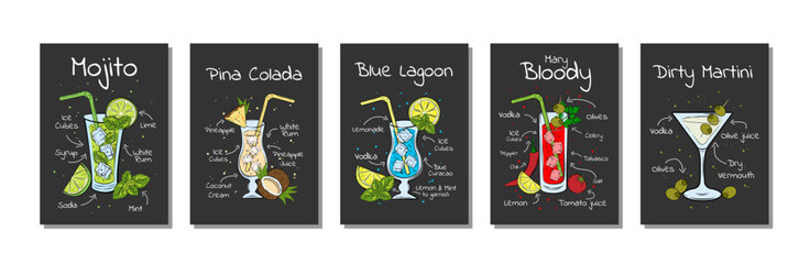 Set Hand Drawn Cocktail Recipe Posters. Collection Summer Refreshing Drinks with Ice. Mojito, Pina Colada, Blue Lagoon, Bloody Mary, Dirty Martini. Aperitif Infographic Design for Menu, Restaurants.