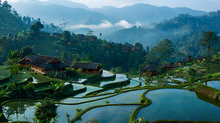 landscape of terraced rice paddies, beautifully carved into the contours of a hilly terrain. The terraces are filled with water, reflecting the lush greenery and the sky above