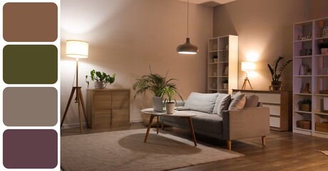 Sofa, shelving units, houseplants and glowing lamps in interior of living room. Different color patterns