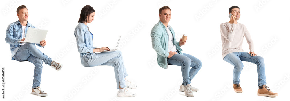 Poster collage of sitting young people with modern laptops and mobile phone on white background