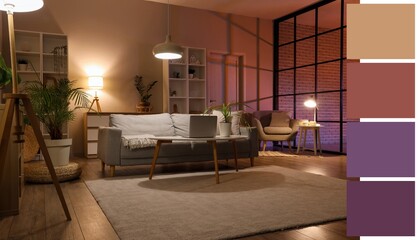 Sofa, table and glowing lamps in interior of living room. Different color patterns