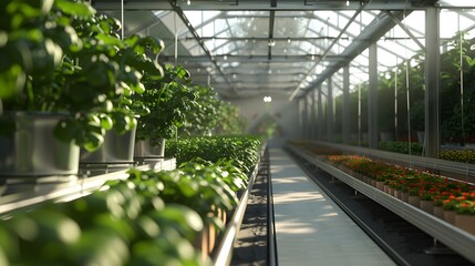 Rows of lush green plants growing in a modern greenhouse, showcasing sustainable agriculture and horticulture
