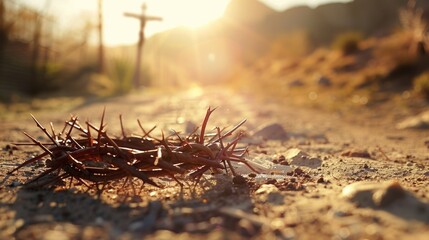 Fototapeta premium The cross, crown of thorns, red sunset symbolizing the sacrifice and suffering of Jesus Christ. Easter concept background depicting the cross, a desert landscape.