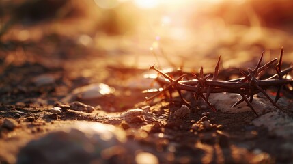 The cross, crown of thorns, red sunset symbolizing the sacrifice and suffering of Jesus Christ. Easter concept background depicting the cross, a desert landscape.