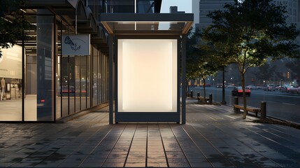 Empty illuminated billboard mockup in a modern city street at night. Blank advertisement banner template for product placement in urban environment.