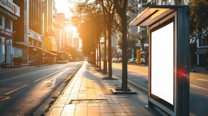 Fototapeta premium Blank billboard at bus stop on city street at sunset. Perfect for advertising and marketing campaigns.