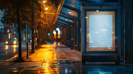 Empty illuminated billboard mockup at a bus stop at night with bright lights. Concept of advertisement, marketing, and urban landscape