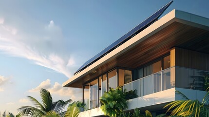 Fototapeta premium Modern sustainable home with solar panels on a sunny day, showcasing green energy solutions for a brighter future. Concept of renewable energy, eco-friendly living, and sustainability