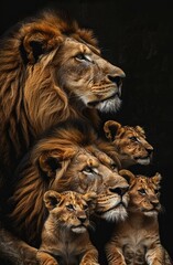 A family of lions including father lion and mother lioness as well as their cubs on an African savannah at sunset generated AI