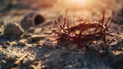 Fototapeta premium The cross, crown of thorns, red sunset symbolizing the sacrifice and suffering of Jesus Christ. Easter concept background depicting the cross, a desert landscape.
