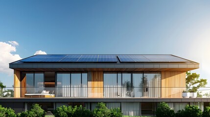 Modern sustainable home with rooftop solar panels, showcasing renewable energy and eco-friendly living. Concept of clean energy, sustainability, and environmental conservation
