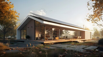 Obraz premium Modern, sustainable home with solar panels in autumn. Concepts. architecture, green living, eco-friendly design, and luxury real estate