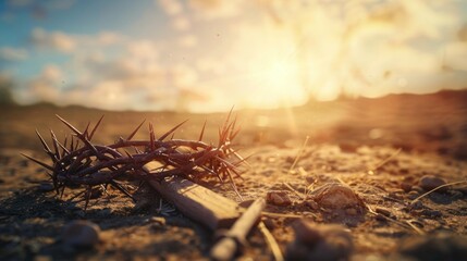 Fototapeta premium The cross, crown of thorns, red sunset symbolizing the sacrifice and suffering of Jesus Christ. Easter concept background depicting the cross, a desert landscape.