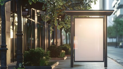 Empty billboard at a bus stop on a city street at dawn. Mock up for advertising and marketing campaigns.