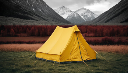 A symbol of adventure and patriotism, a tent stands tall against a backdrop of the Poland flag and a breathtaking mountain vista.