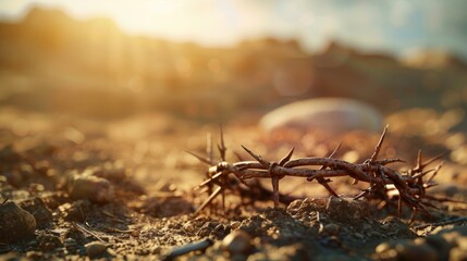 The cross, crown of thorns, red sunset symbolizing the sacrifice and suffering of Jesus Christ. Easter concept background depicting the cross, a desert landscape.