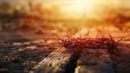 The cross, crown of thorns, red sunset symbolizing the sacrifice and suffering of Jesus Christ. Easter concept background depicting the cross, a desert landscape.