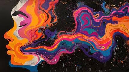 Fototapeta premium Abstract image of a face with multi-colored hair. The background is black and splattered with paint. Hair of orange, pink, purple and blue colors flows from the left side of the face to the right.