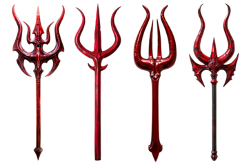 Set collection of devil demon satan red rustic trident pitchfork fork weapon, on transparent background cutout. PNG file. Mockup template for artwork design