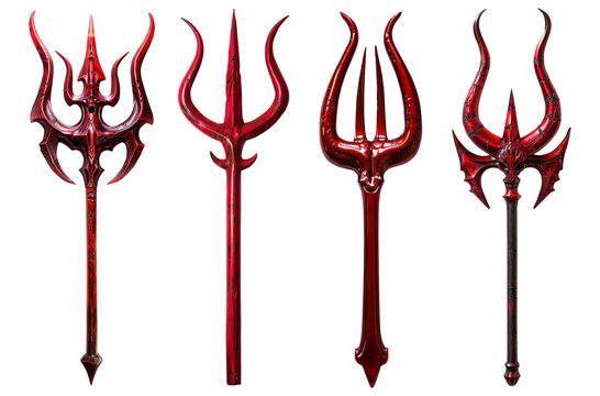 Set collection of devil demon satan red rustic trident pitchfork fork weapon, on transparent background cutout. PNG file. Mockup template for artwork design