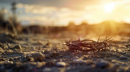 Fototapeta premium The cross, crown of thorns, red sunset symbolizing the sacrifice and suffering of Jesus Christ. Easter concept background depicting the cross, a desert landscape.