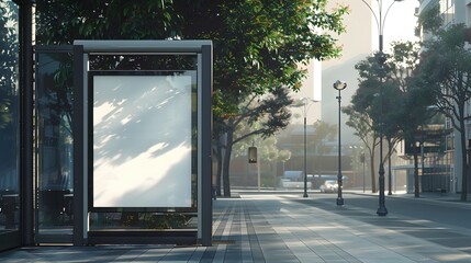 Blank billboard mockup at a bus stop in a modern city. Perfect for advertising campaigns and brand promotion.