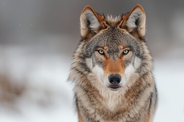 Close-up portrait of a wild wolf in a snowy landscape, showcasing the animal's piercing gaze and natural fur details.
