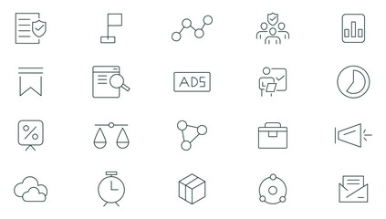 Digital Marketing line icons set. Social, networks, feedback, communication, marketing, e-commerce, content, e-commerce, seo, marketing and search engine optimization outline icons collection.
