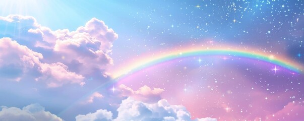 Obraz premium Rainbow in a sky filled with clouds and stars, celestial landscape. Dreamy and serene concept