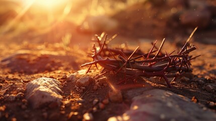 The cross, crown of thorns, red sunset symbolizing the sacrifice and suffering of Jesus Christ. Easter concept background depicting the cross, a desert landscape.
