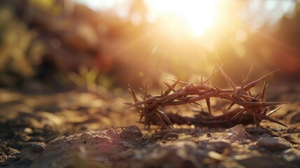 The cross, crown of thorns, red sunset symbolizing the sacrifice and suffering of Jesus Christ. Easter concept background depicting the cross, a desert landscape.