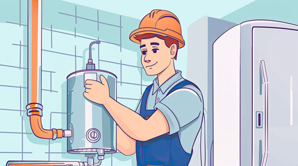 Plumber installing water heater at home background