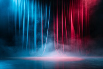 Empty stage with red and blue curtains illuminated by dramatic lighting and fog, perfect for theater, performance, or event concept.