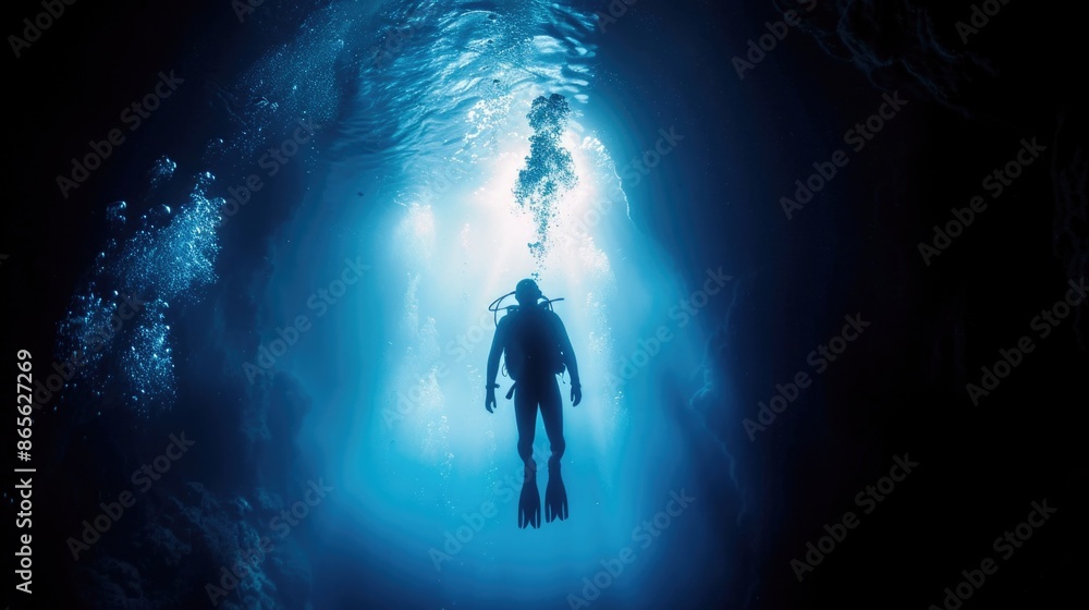 Wall mural Diver underwater in the blue sea. Scuba diving in the depths of the sea