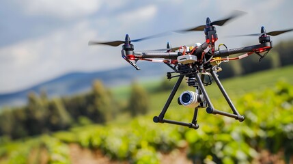 Drone with high-resolution camera flying over a green field, capturing aerial footage for agriculture, surveying, or filmmaking. Concept of technology, innovation, and remote sensing.