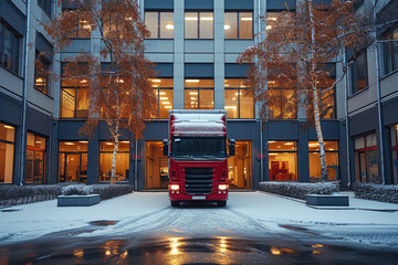 Obraz premium Corporate Office Building with Parked Truck Outside