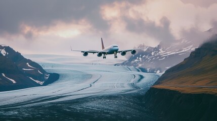 Naklejka premium Icelandic Glacier Flight: Massive Plane in Motion