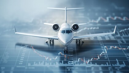 A modern private jet sits centered over a background of financial charts and a world map, illustrating themes of business travel, financial success, and global enterprise.