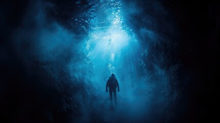 Fototapeta premium Diver underwater in the blue sea. Scuba diving in the depths of the sea