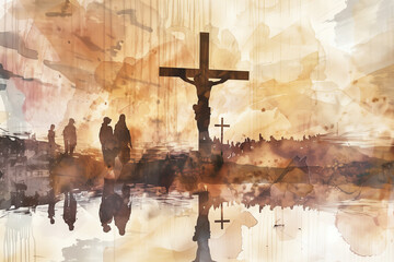 An Artistic Illustration of the Crucifixion of Jesus Christ with Silhouettes of People and a Cross, Featuring a Warm, Abstract Watercolor Background with Reflective Elements