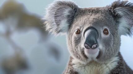 Koala clinging to a tree, with a curious expression.
