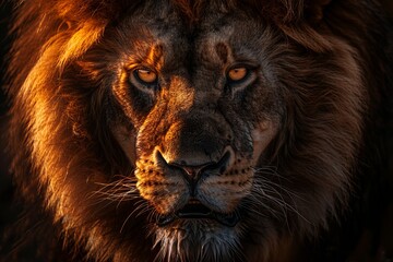 Naklejka premium Majestic lion with fiery eyes captures the fierce spirit of the animal kingdom, displaying power and strength in a dramatic close-up.