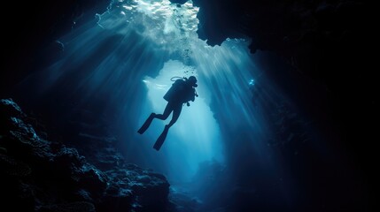 Diver underwater in the blue sea. Scuba diving in the depths of the sea